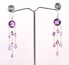 Handmade 925 Sterling Silver Chain Dangle Earrings with Amethyst